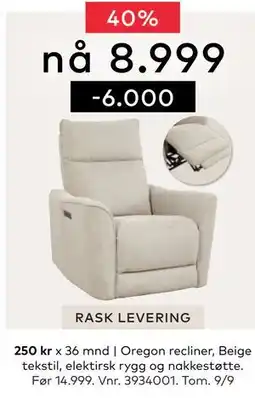 Skeidar Oregon recliner, NOK 8999 tilbud