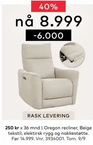 Skeidar Oregon recliner, NOK 8999 tilbud