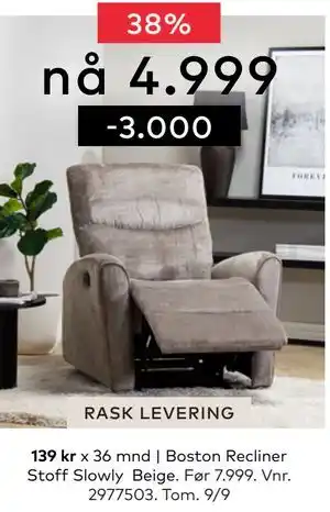Skeidar Boston Recliner, NOK 4999 tilbud