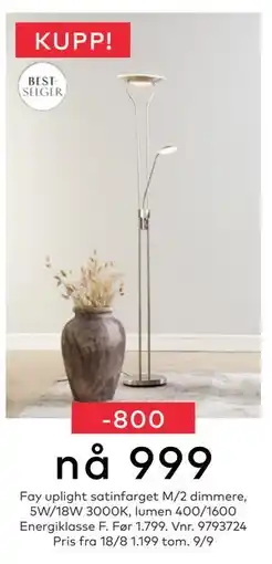 Skeidar Fay uplight satinfarget M/2 dimmere, NOK 999 tilbud