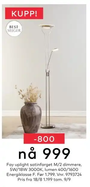 Skeidar Fay uplight satinfarget M/2 dimmere, NOK 999 tilbud