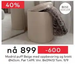 Skeidar Madrid puff Beige, NOK 899 tilbud