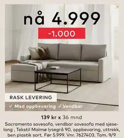 Skeidar Sacramento sovesofa, NOK 4999 tilbud