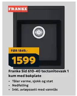 Megaflis Franke Sid 610-40 tectonitevask 1 kum med bakplate, NOK 1599 tilbud