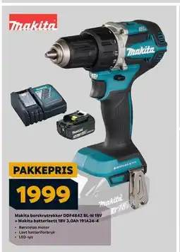 Megaflis Makita borskrutrekker DDF484Z BL-M 18V + Makita batterisett 18V 3,0Ah 191A24-4, NOK 1999 tilbud