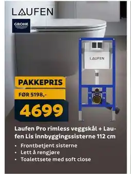 Megaflis Laufen Pro rimless veggskål + Laufen Lis innbyggingssisterne 112 cm, NOK 4699 tilbud