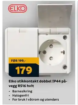 Megaflis Elko stikkontakt dobbel IP44 påvegg RS16 hvit, NOK 179 tilbud