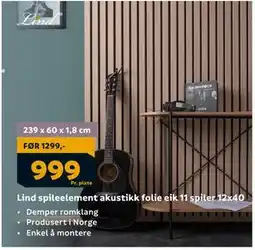 Megaflis Lind spileelement akustikk folie eik 11 spiler 12x40, NOK 999 tilbud