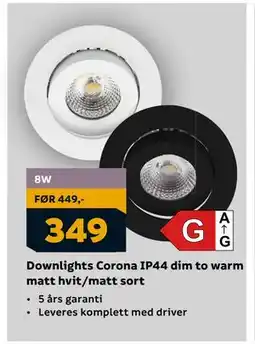 Megaflis Downlights Corona IP44 dim to warm matt hvit/matt sort, NOK 349 tilbud