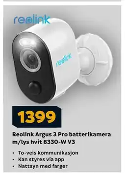 Megaflis Reolink Argus 3 Pro batterikamera m/lys hvit B330-W V3, NOK 1399 tilbud