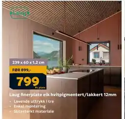 Megaflis Laug finerplate eik hvitpigmentert/lakkert 12mm, NOK 799 tilbud