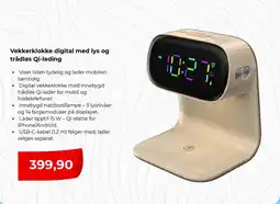 Clas Ohlson Vekkerklokke digital med lys og trådløs Qi-lading tilbud