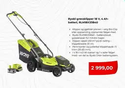 Clas Ohlson Ryobi gressklipper 18 V, 4 Ah- batteri, RLM18X33B40 tilbud