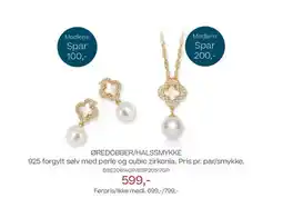 Bjørklund ØREDOBBER/HALSSMYKKE 925 forgylt sølv med perle og cubic zirkonia. Pris pr. par/smykke. tilbud
