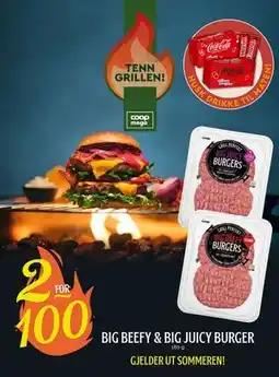 Coop Mega big beefy & big juicy burger, NOK 100 tilbud