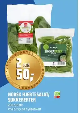 Coop Obs NORSK HJERTESALAT/ SUKKERERTER, NOK 50 tilbud