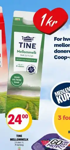 Coop Extra TINE MELLOMMELK, NOK 24 tilbud