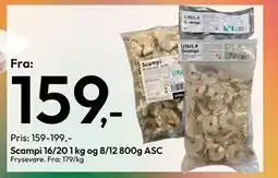 Gigaboks Scampi 16/20 1 kg og 8/12 800g ASC tilbud