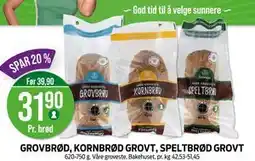 Kiwi GROVBRØD, KORNBRØD GROVT, SPELTBRØD GROVT, NOK 31.9 tilbud