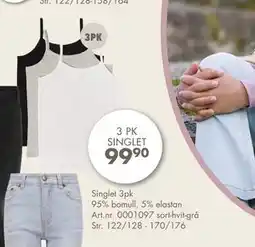 Sparkjøp Singlet 3pk 95% bomull, 5% elastan, NOK 99.9 tilbud