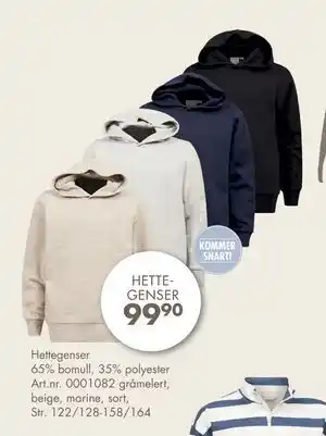 Sparkjøp KOMMER SNART! Hettegenser 65% bomull, 35% polyester, NOK 99.9 tilbud