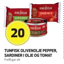 Bunnpris Tunfisk Olivenolje pepper, sardiner i olje og tomat, NOK 20 tilbud