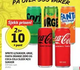 Bunnpris SPRITE U/SUKKER, URGE, FANTA ORANGE ZERO OG COCA-COLA SLEEK M/U SUKKER, NOK 10 tilbud