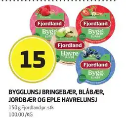 Bunnpris BYGGLUNSJ BRINGEBÆR, BLÅBÆR, JORDBÆR OG EPLE HAVRELUNSJ, NOK 15 tilbud