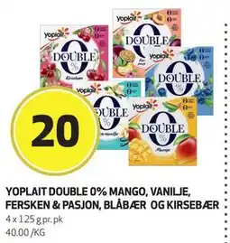 Bunnpris YOPLAIT DOUBLE 0% MANGO, VANILJE, FERSKEN & PASJON, BLÅBÆR OG KIRSEBÆR, NOK 20 tilbud