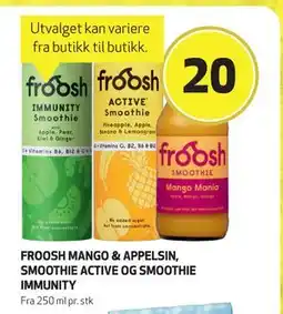Bunnpris FROOSH MANGO & APPELSIN, SMOOTHIE ACTIVE OG SMOOTHIE IMMUNITY, NOK 20 tilbud