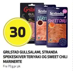 Bunnpris Grilstad Gullsalami, Stranda Spekeskiver Teriyaki og Sweet Chili Marinerte, NOK 30 tilbud