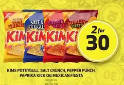 Bunnpris KIMS POTETGULL SALT CRUNCH, PEPPER PUNCH, PAPRIKA KICK OG MEXICAN FIESTA, NOK 30 tilbud