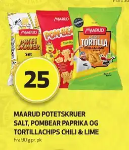 Bunnpris Maarud potetskruer Salt, Pombear paprika og Tortillachips chili & lime, NOK 25 tilbud