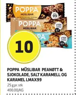 Bunnpris POPPA MÜSLIBAR Peanøtt & sjokolade, salt karamell og karamel LMAX99, NOK 10 tilbud