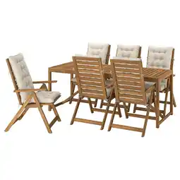 IKEA NÄmmarÖ Bord + 6 regulerbare stoler, utend, lys brunbeiset/kuddarna lys gråbeige, 200x75 cm tilbud