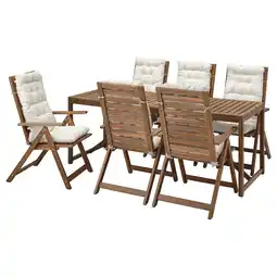 IKEA NÄmmarÖ Bord + 6 regulerbare stoler, utend, lys brunbeiset/kuddarna lys gråbeige, 200x75 cm tilbud