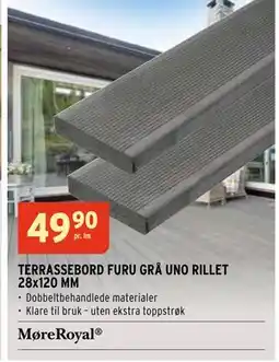 Montér TERRASSEBORD FURU GRÅ UNO RILLET 28x120 MM, NOK 49.9 tilbud