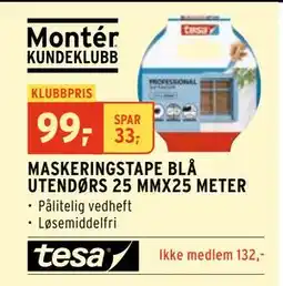 Montér MASKERINGSTAPE BLÅ UTENDØRS 25 MMX25 METER, NOK 132, Medlemspris tilbud