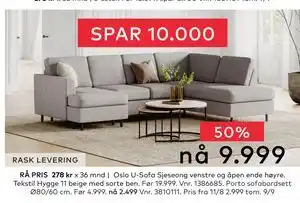Skeidar Oslo U-Sofa, NOK 9999 tilbud
