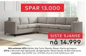Skeidar Ask hjørnesofa, NOK 14999 tilbud