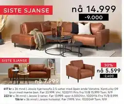 Skeidar Jessie hjørnesofa 2,5-seter med åpen ende Venstre. Kentucky 09 brun med mørke ben, NOK 14999 tilbud