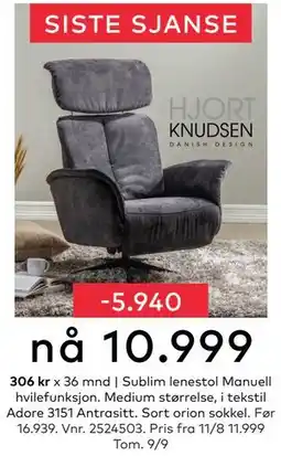 Skeidar Sublim lenestol Manuell hvilefunksjon, NOK 10999 tilbud