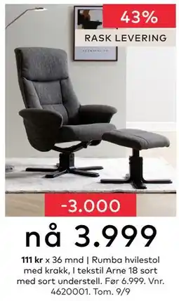 Skeidar Rumba hvilestol med krakk, NOK 3999 tilbud
