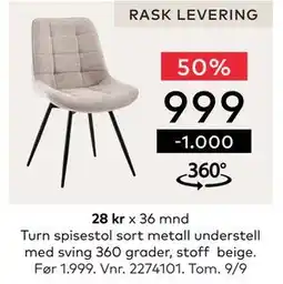 Skeidar Turn spisestol, NOK 999 tilbud