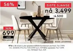 Skeidar Luke spisebord Ø120, NOK 699 tilbud