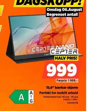 POWER 15,6 bærbar skjerm, NOK 999 tilbud