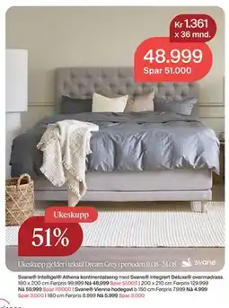 Møbelringen Svane Intelligel Athena kontinentalseng med Svane integrert DeluxeⓇ overmadrass, NOK 48999 tilbud