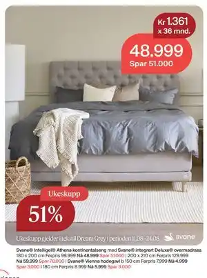 Møbelringen Svane Intelligel Athena kontinentalseng med Svane integrert DeluxeⓇ overmadrass, NOK 48999 tilbud