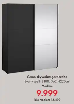 Fagmøbler Como skyvedørsgarderobe, NOK 12499, Medlemspris tilbud