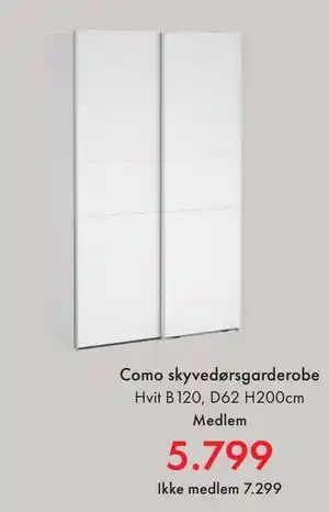 Fagmøbler Como skyvedørsgarderobe, NOK 7299, Medlemspris tilbud